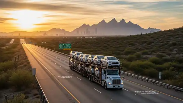 Camión madrina transportando autos en carretera federal rumbo a Monterrey, paisaje desértico de Nuevo León con Sierra Madre Oriental al fondo