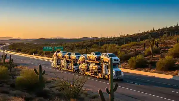 Camión madrina cargado con autos en carretera federal mexicana rumbo a Tijuana, paisaje desértico con cactus y cielo azul